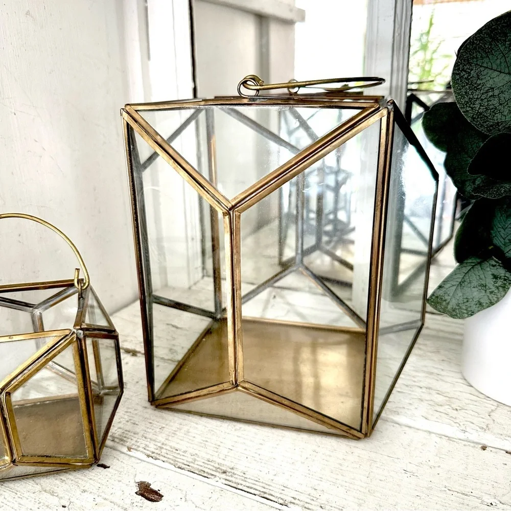 Brass & Glass Terrarium Candleholder Pair Lanterns Geometric Bohemian Decor